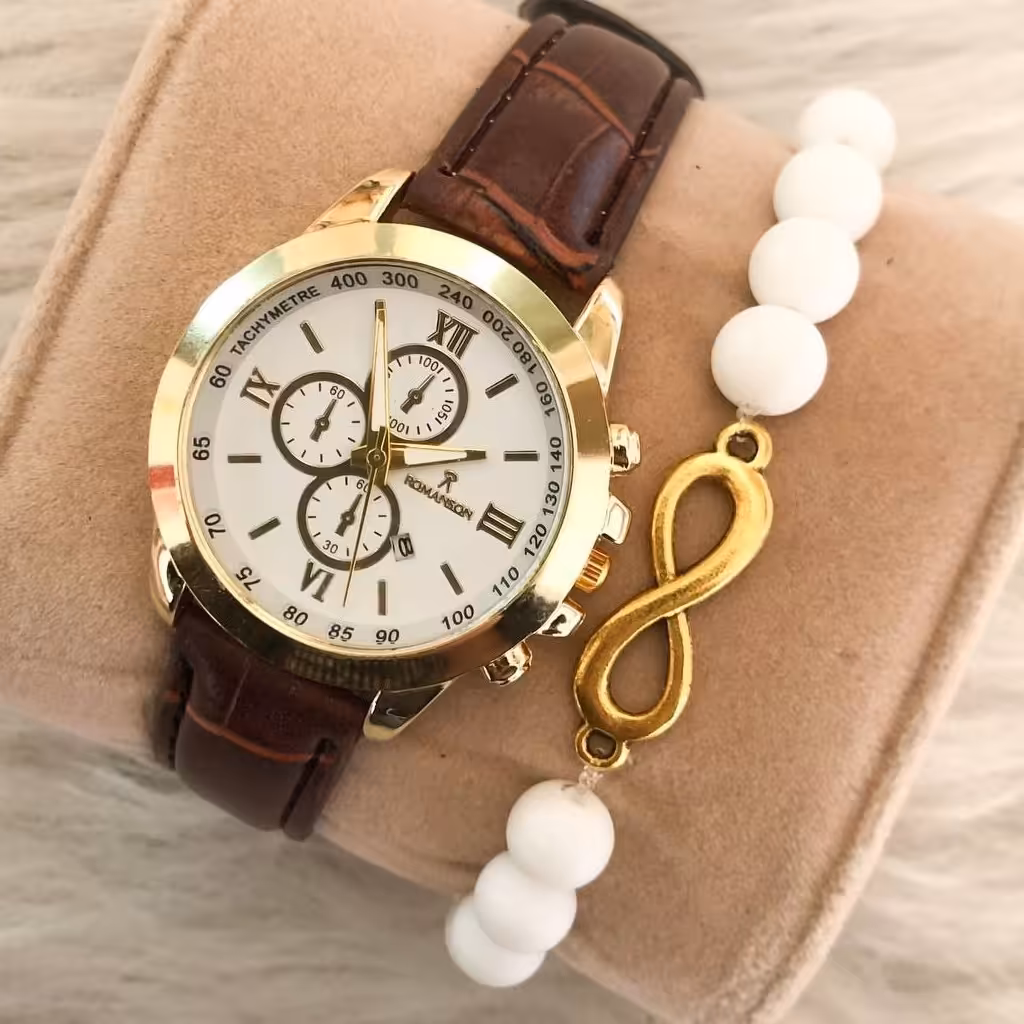 ست ساعت زنانه بندچرمی مارک رومانسون و دستبند مهره سفید
دارای تقویم. کیفیت عالی. شش ماه گارانتی