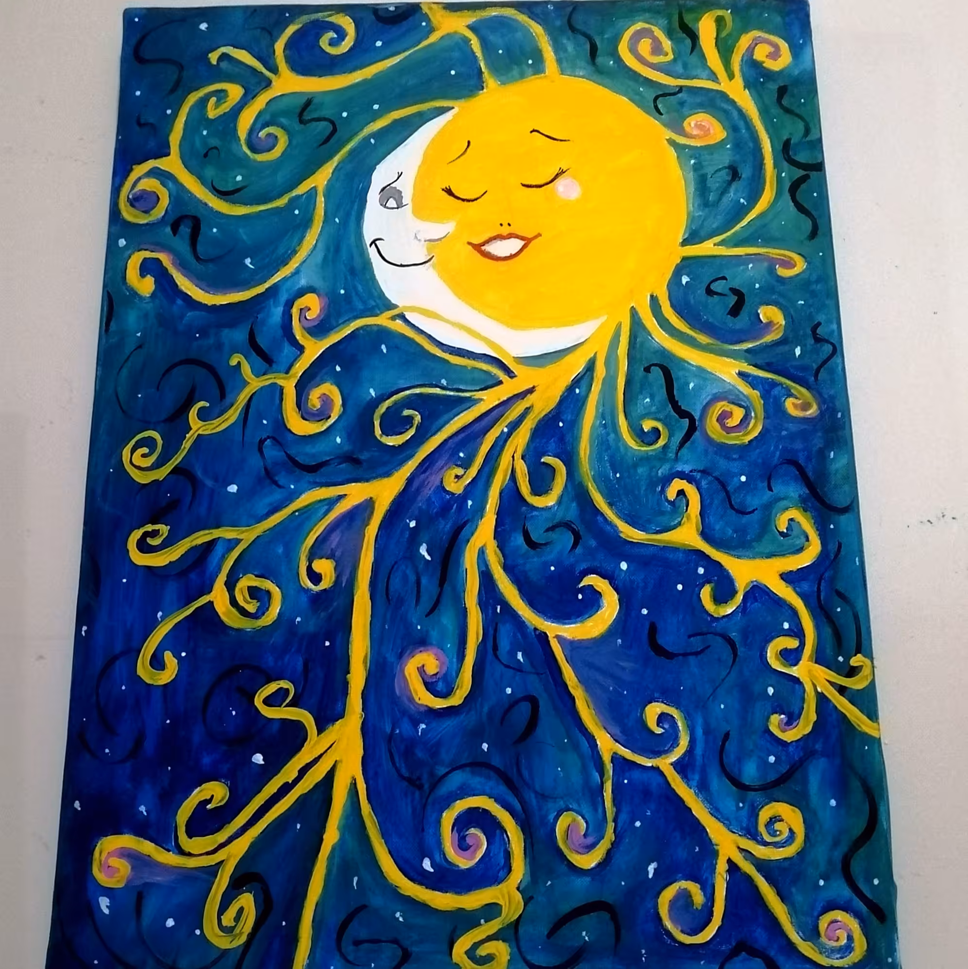 نقاشی روی بوم.رنگ ضد آب.رنگ اکریلیک.با طرح آرامش ماه و خورشید