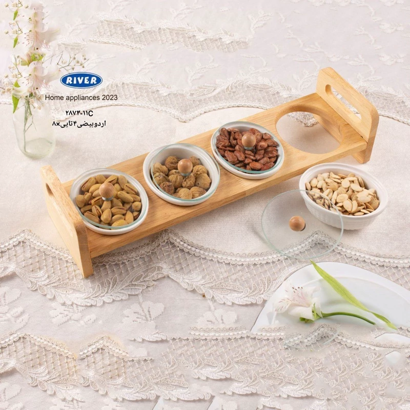 اردو خوری سرامیکی 4 پیاله بیضی با سینی چوبی  برند RIVER  کد 11C-2873
