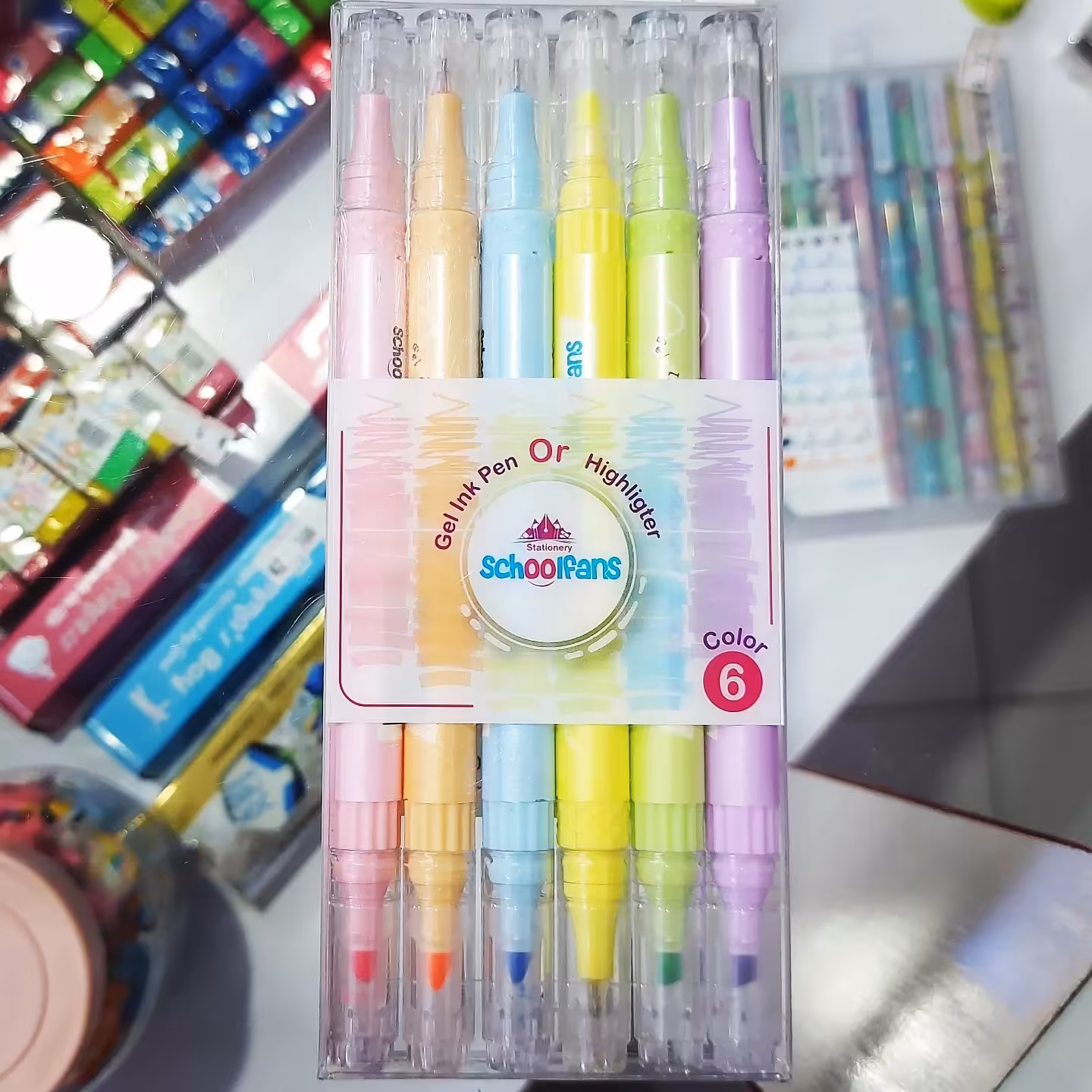 ست 6رنگ هایلایتر (ماژیک فسفری) دو سر برند schoolfans