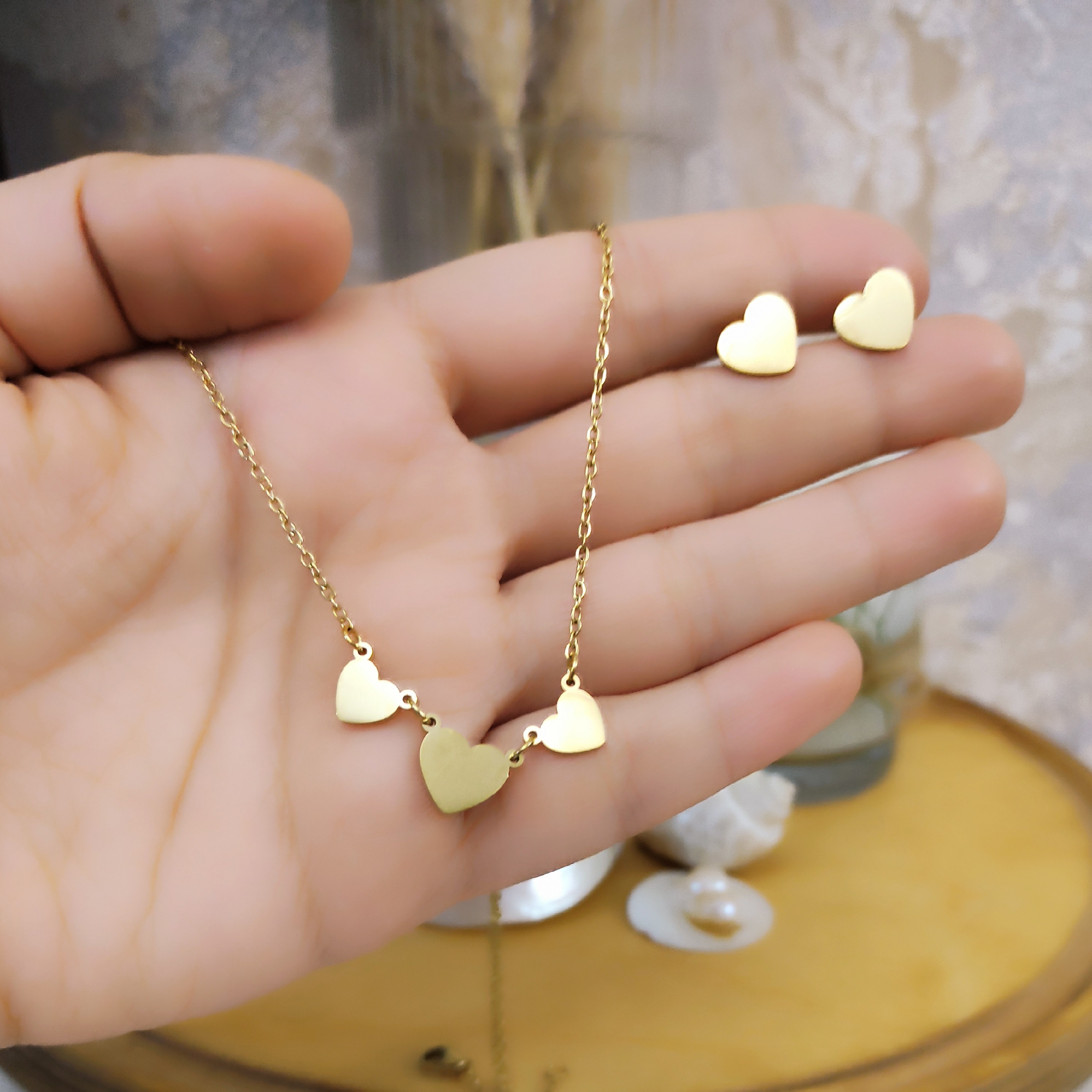 نیم ست گردنبند و گوشواره استاینلس استیل طرح قلب استیل رنگ ثابت بدلیجات مشابه طلا اکسسوری خاص زیورآلات دخترانه وزنانه کاد