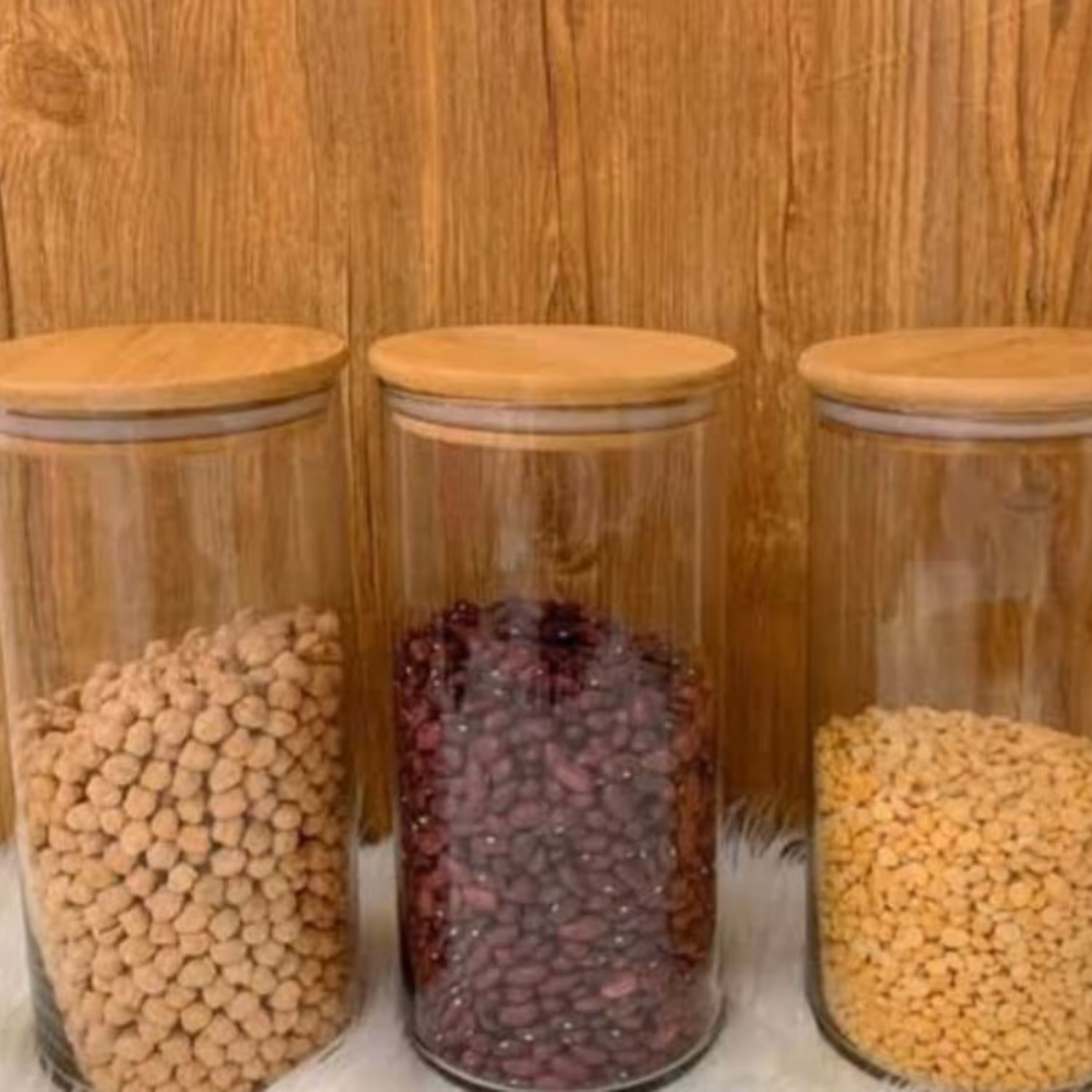 ست جا حبوباتی شیشه ای درب چوب 6 عددی