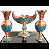 ست سه تکه سنبلدان و کشکول فیروزه کوبی 27 سانتی مس و فیروزه کوبی نیشابور صنایع دستی سایروس قلم زنی شده و لب شبکه 