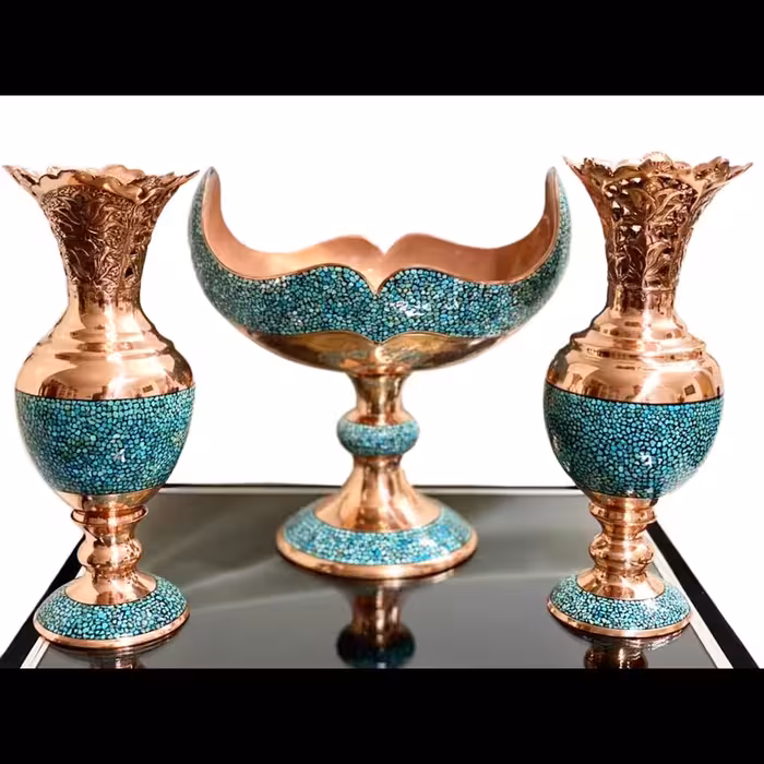 ست سه تکه سنبلدان و کشکول فیروزه کوبی 27 سانتی مس و فیروزه کوبی نیشابور صنایع دستی سایروس قلم زنی شده و لب شبکه 