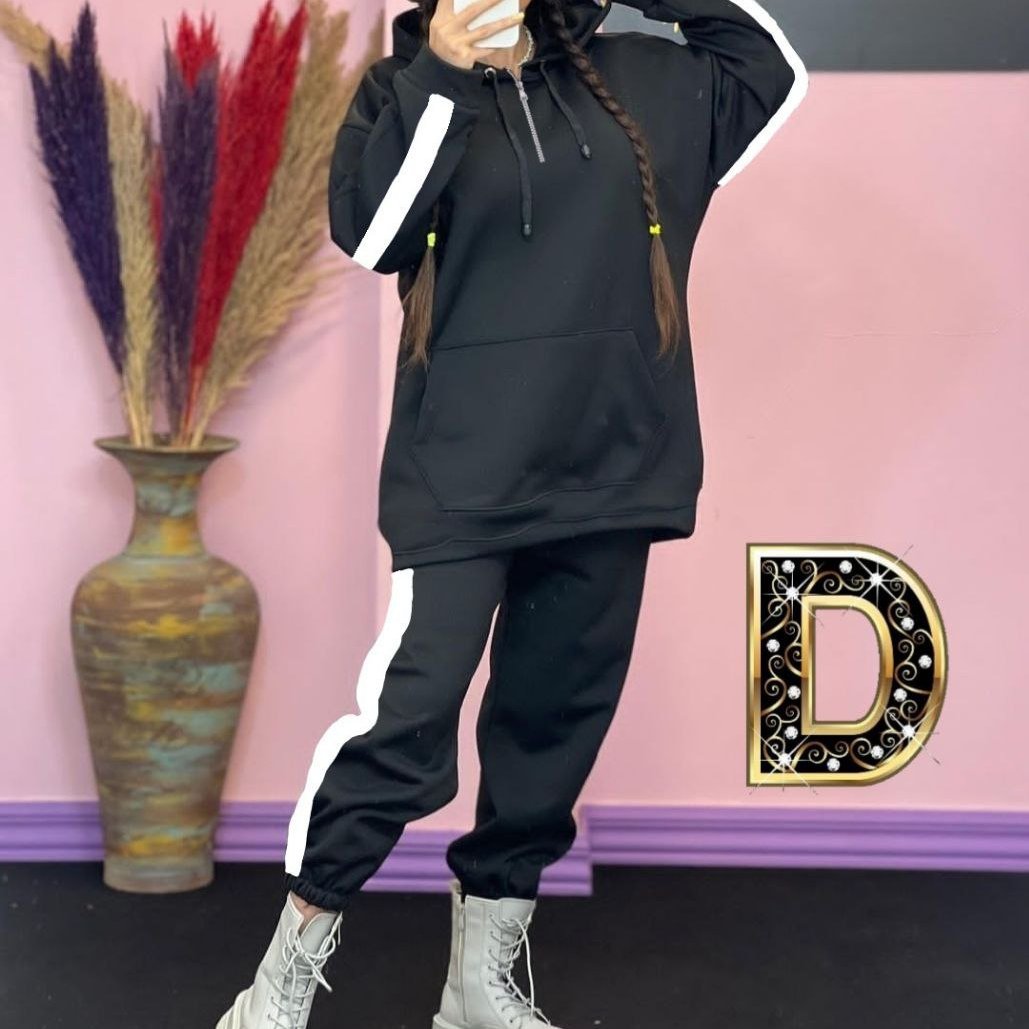 ست دوتیکه هودی و شلوار بغل سفید کلاهدار