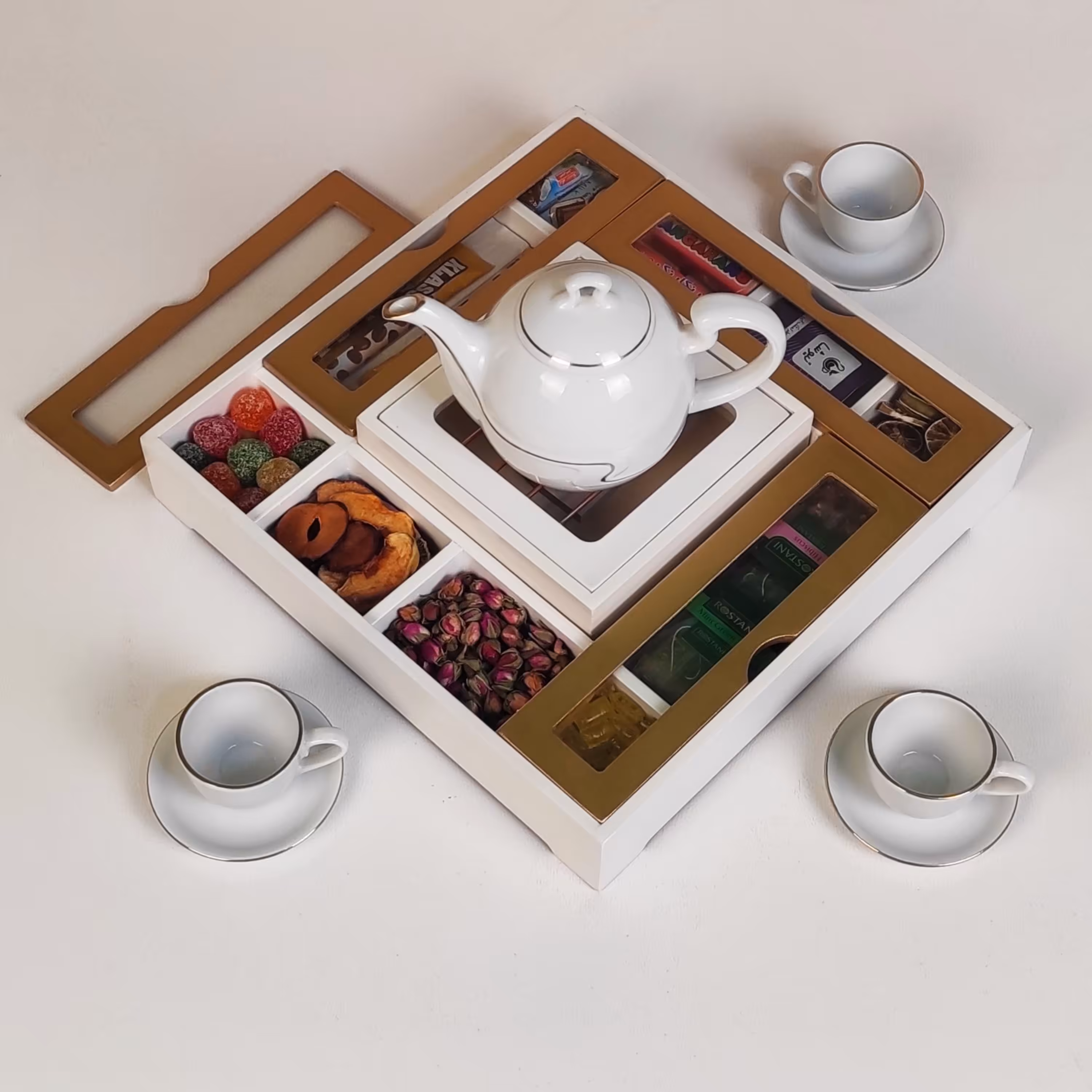 جعبه دمنوش وارمردار چوبی سفید طلایی پس کرایه