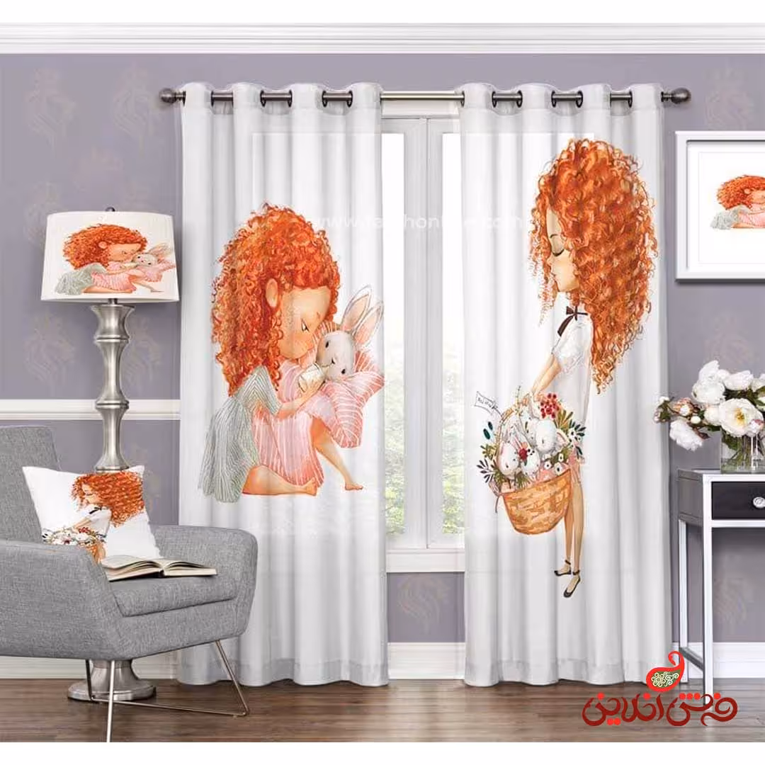 پرده 2عددی کودک طرح دختر مو نارنجی (فرفری) و خرگوش و سبد گل کد 3104