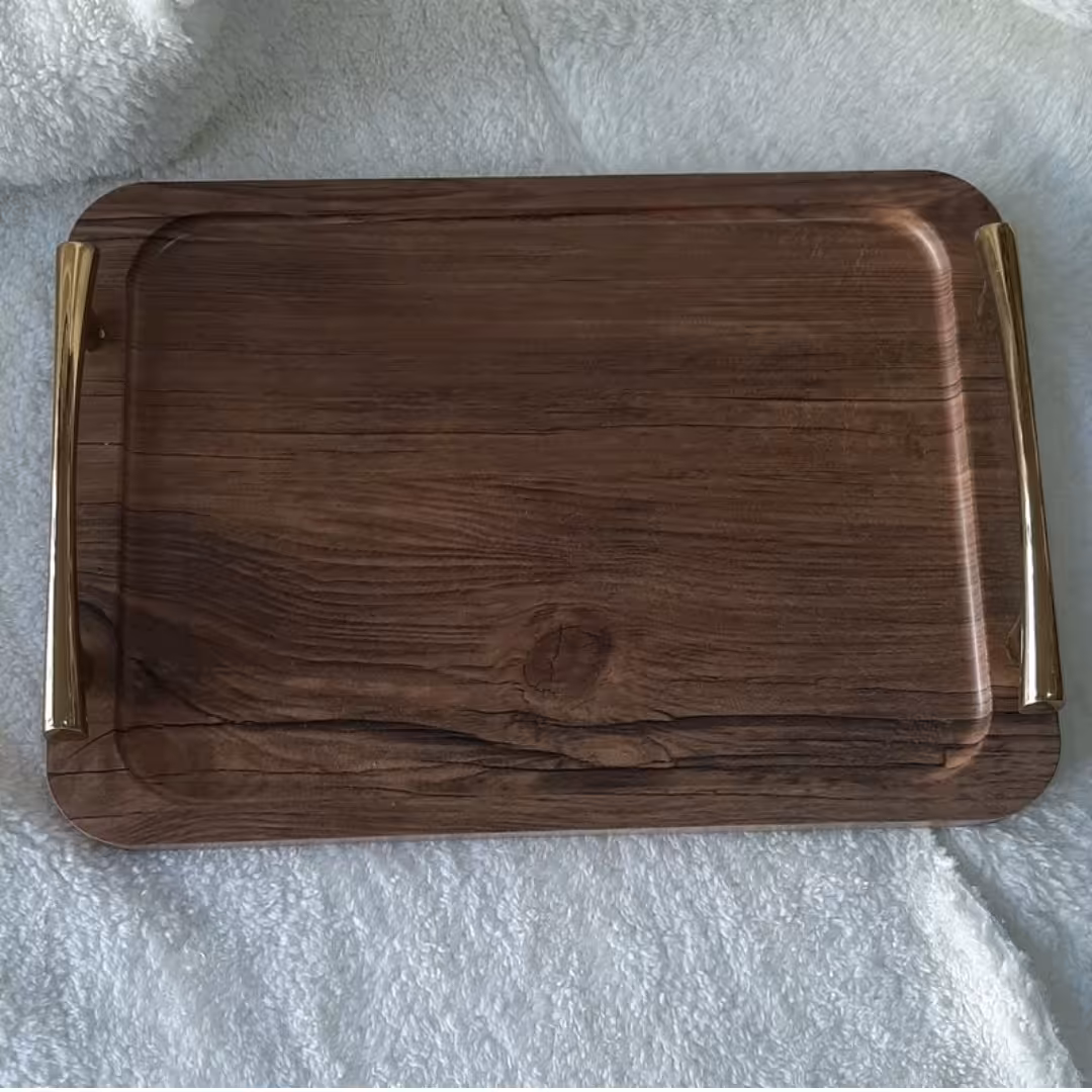 سینی چوبی دسته فلزی رنگ طلایی 