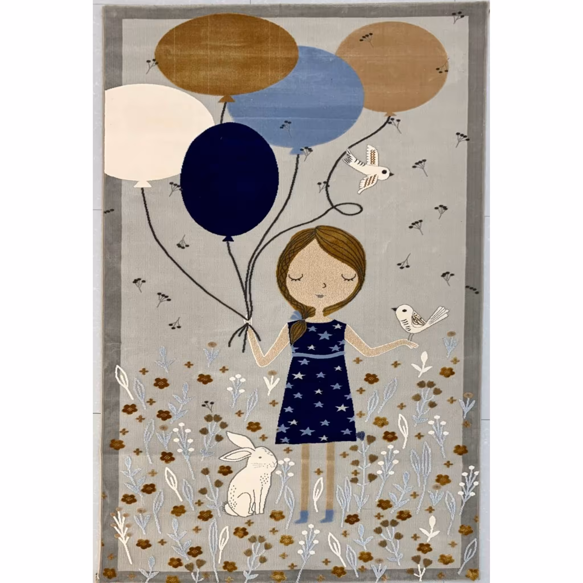 فرش وینتیج عروسکی دخترانه 400 شانه برجسته تراکم 1800 سایز 4 متری رنگ زمینه طوسی