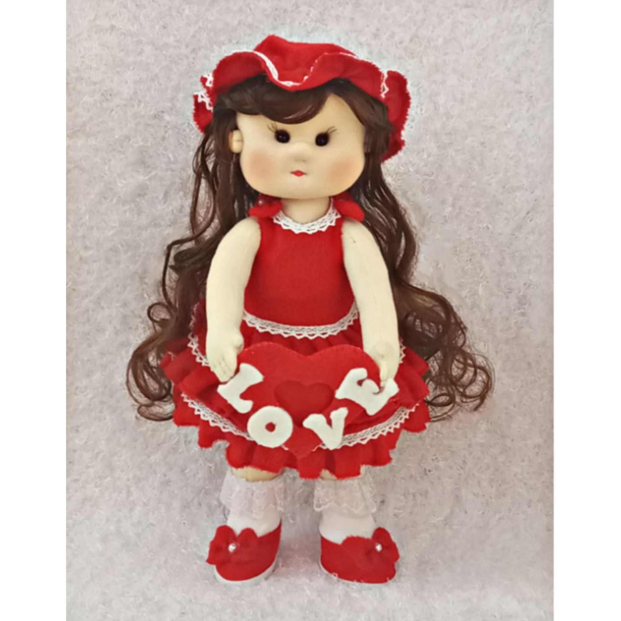 عروسک روسی پیشرفته دستساز و تک نسخه قد 45 سانتی متر با قاب عکس قلبی  LOVE (لباس قرمز)  کد 102