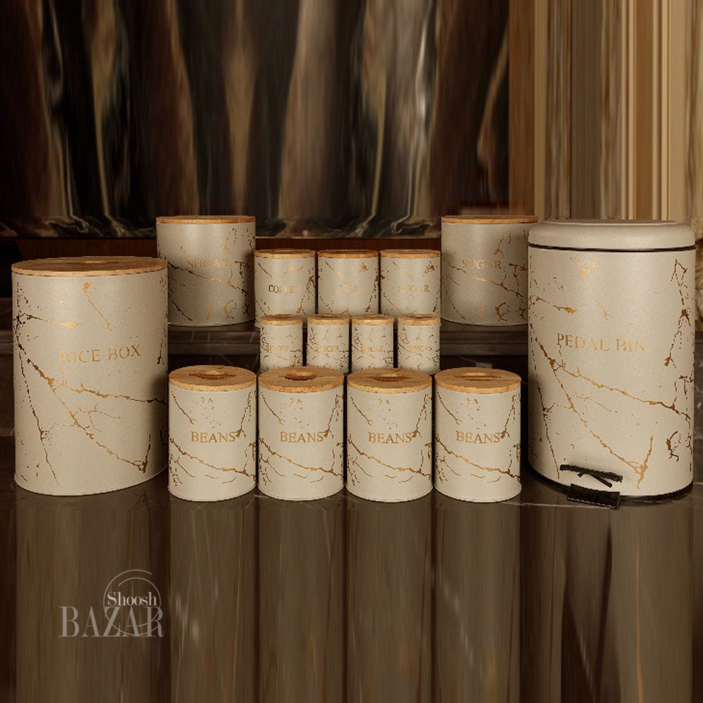 سرویس اشپزخانه 15پارچه طرح ماربل درب چوبی برند بی وی کی