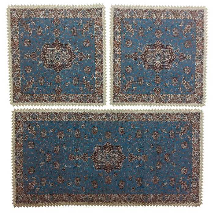 رومیزی سرویس ترمه ابریشم  کد TRSETE14  نفیس  رنگ آبی  آستر آبی
