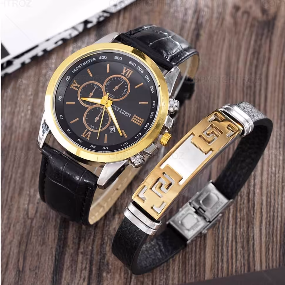 ست ساعت مچی و دستبند مردانه سیتیزن CITIZEN مدل 1596 داری جعبه