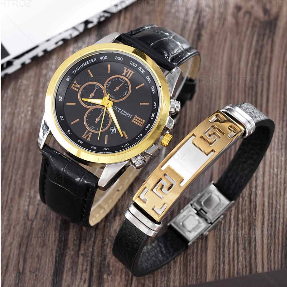 ست ساعت مچی و دستبند مردانه سیتیزن CITIZEN مدل 1596 داری جعبه