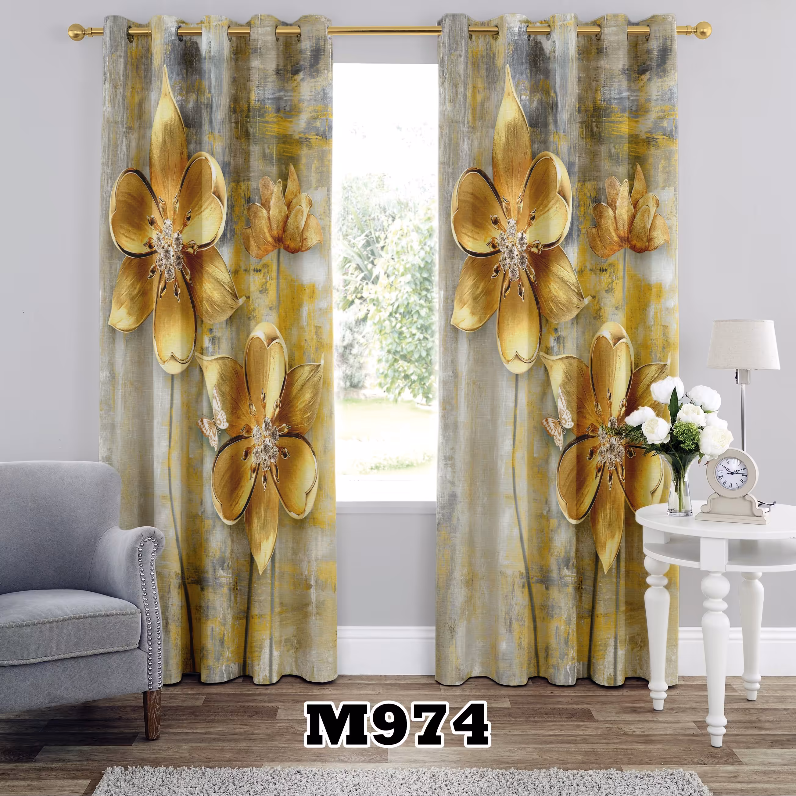 پرده چاپی طرح گل درشت کد M974 تک قواره ارتفاع 300 عرض 140 سانت