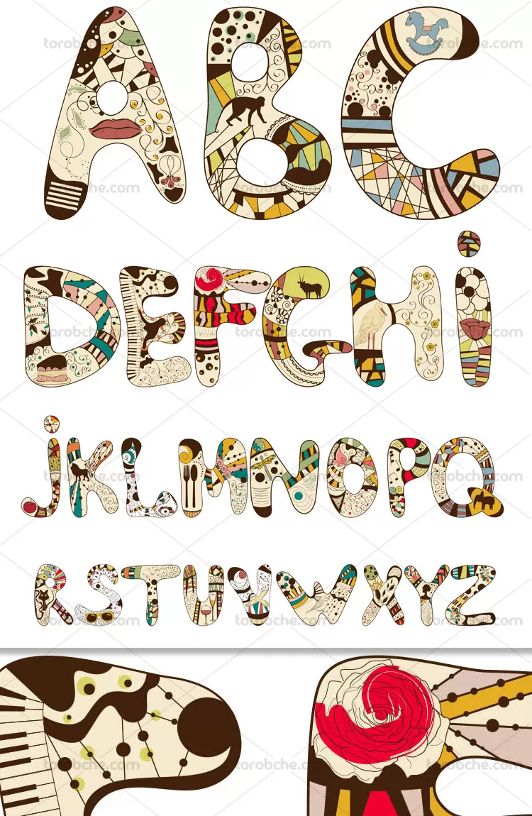 وکتور حروف انگلیسی فانتزی و خلاقانه | گرافیک با طعم تربچه