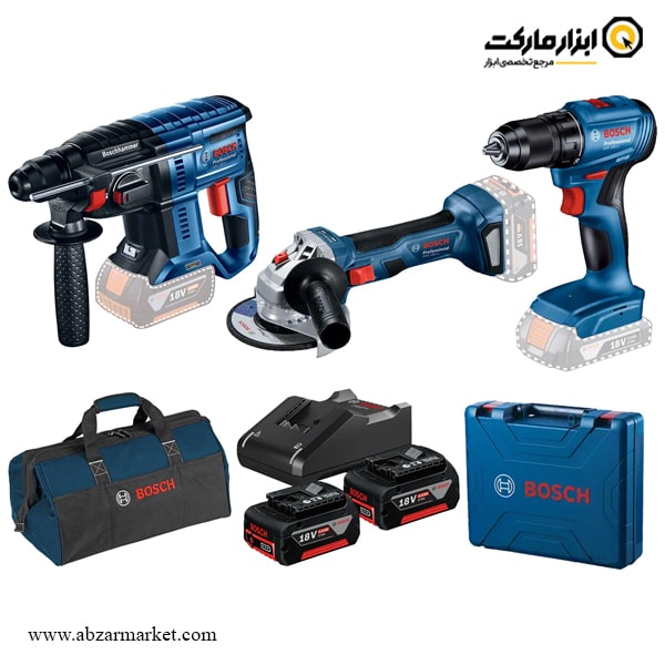 کیت سه دستگاه بوش دریل و فرز و بتن کن شارژی مدل GSR 185 LI GWS 180 LI GBH 180 LI