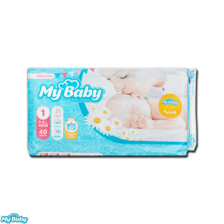 پوشک مای بیبی سایز 1 بسته 40 عددی همراه دستمال مرطوب هدیه ای my baby