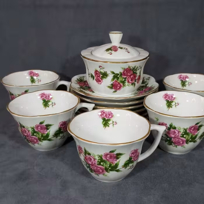 فنجون نعلبکی گل سرخی مارک مقصود طرح لاله بدون قندان