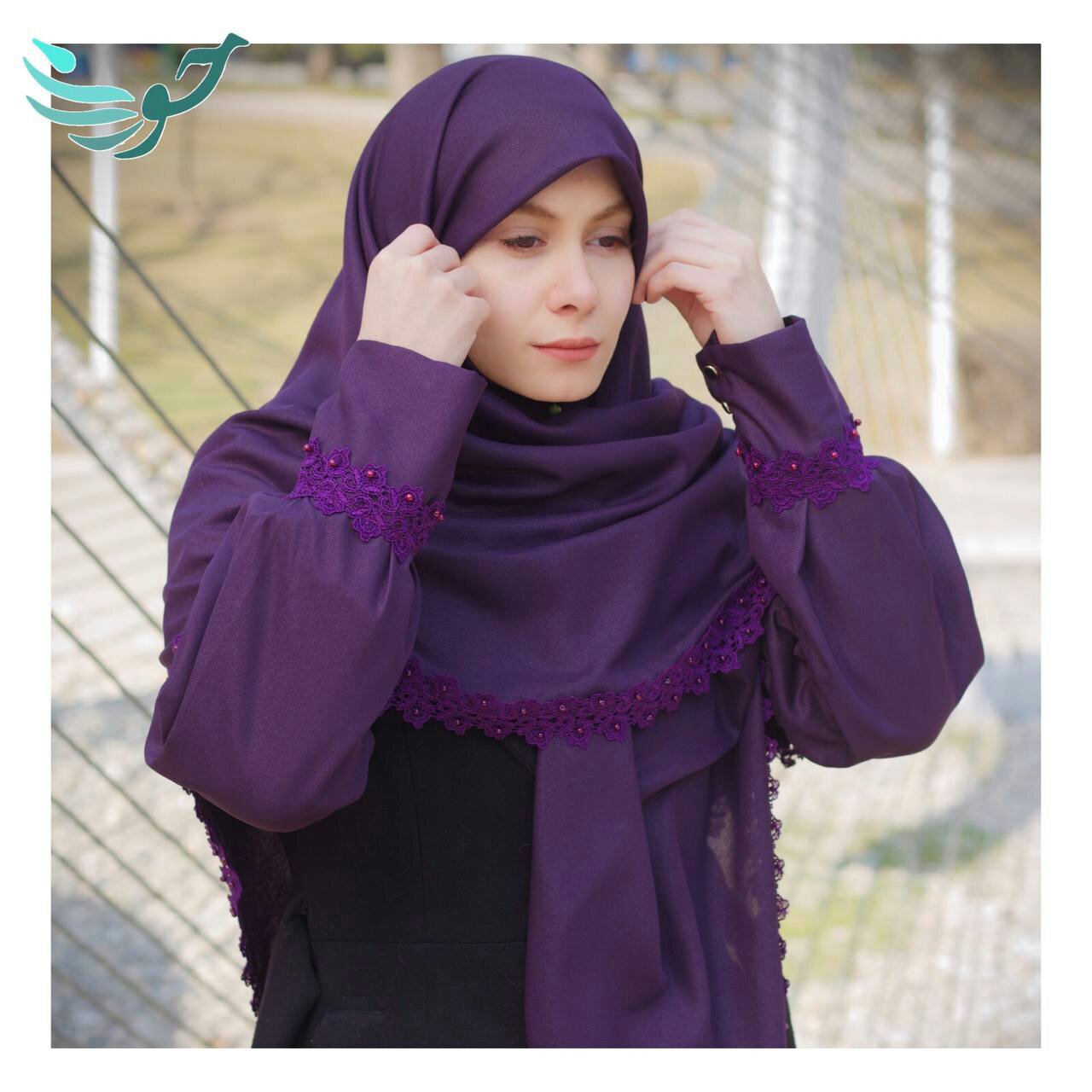 ست روسری و ساق دست مجلسی مروارید دوزی شده کرپ حریر اعلا