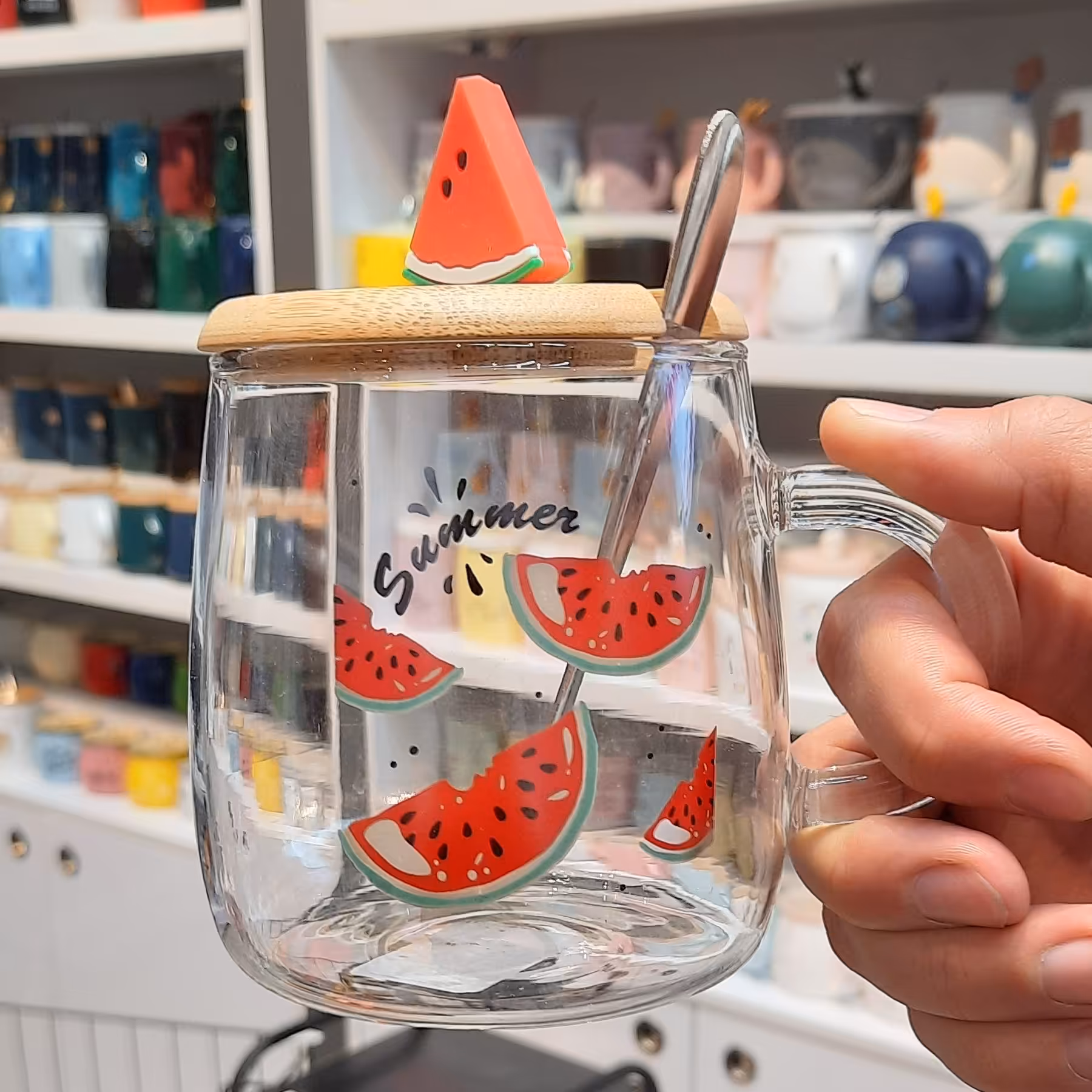 ماگ پیرکس درب بامبو قاشق دار هندوانه