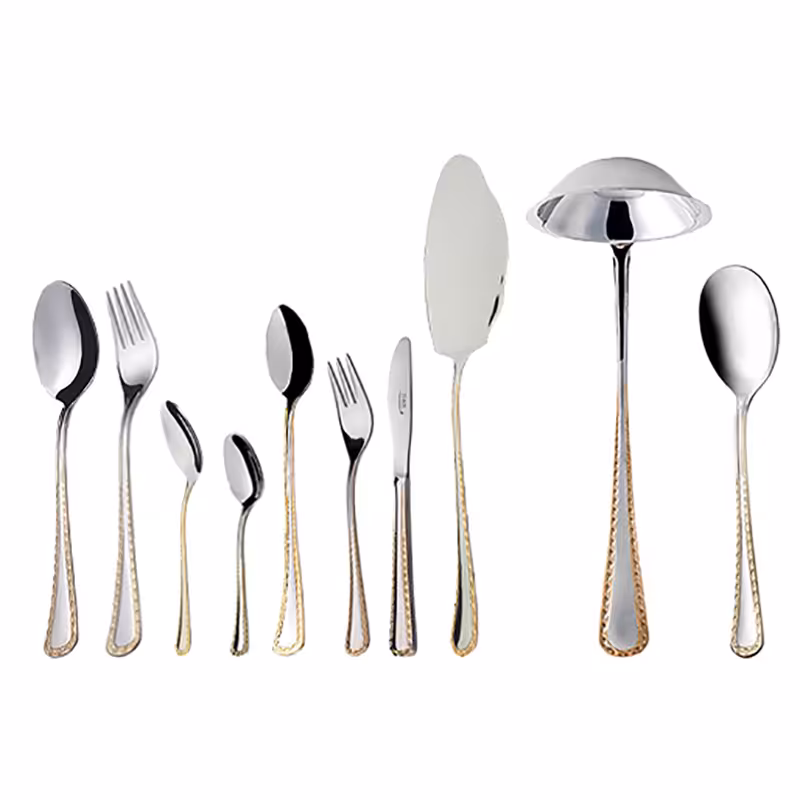 سرویس قاشق و چنگال 24 نفره ناب استیل طرح برلین دور طلایی (98 پارچه)