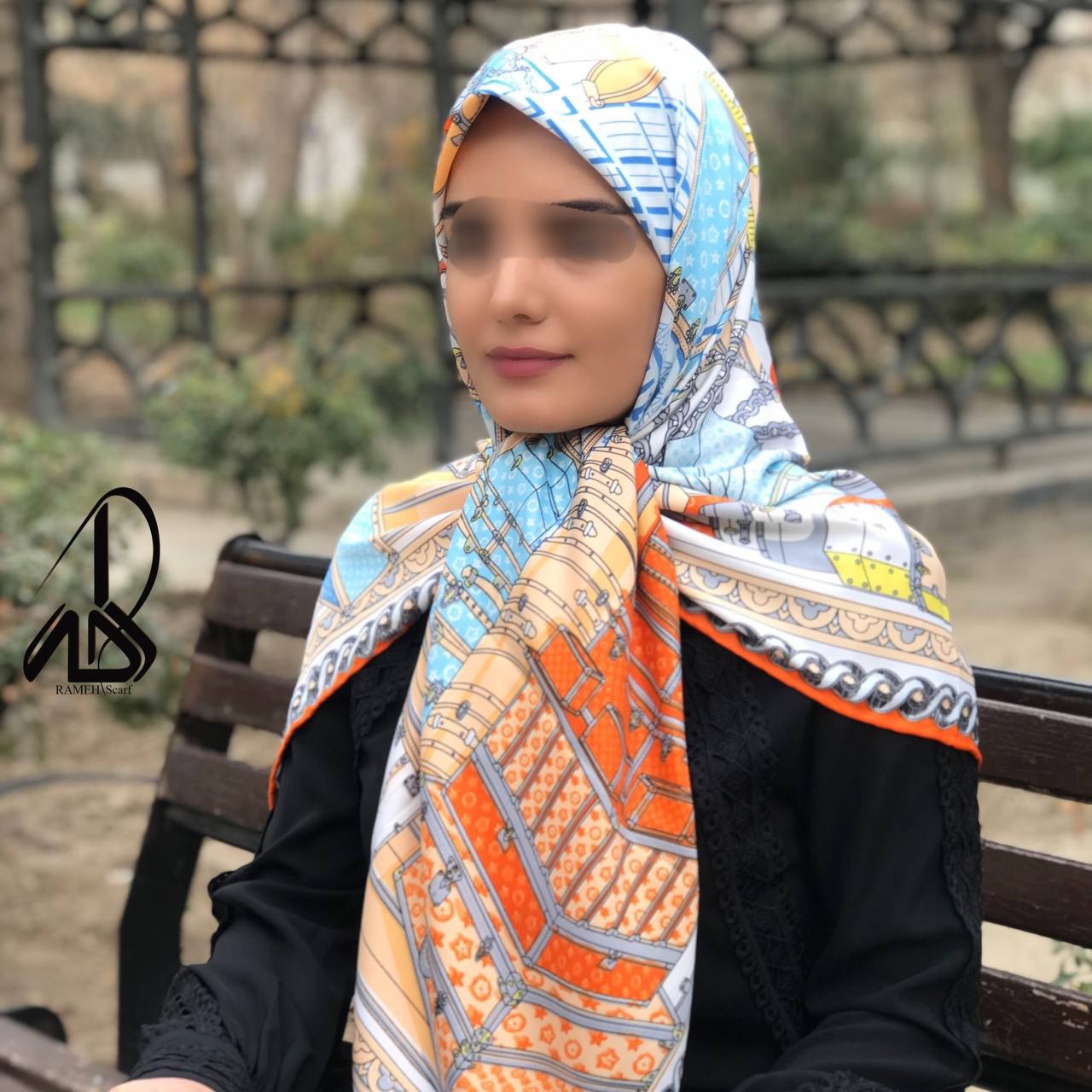روسری ابریشم توییل دور دست دوز وارداتی ارسال رایگان طرح لندن رنگ آبی نارنجی روسری توییل روسری مجلسی روسری خاص 