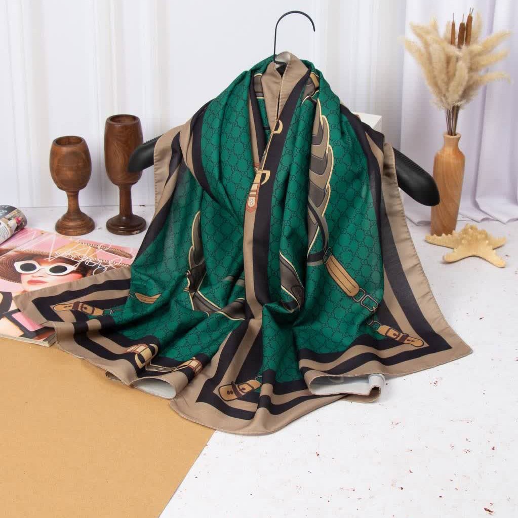 شال سوپرنخ سبز-نسکافه ای-مشکی طرح کمربندی