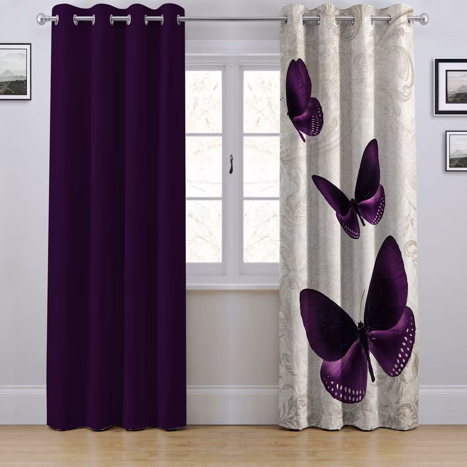 پرده پانچی مدل پروانه بنفش ابعاد ارتفاع280در عرض145