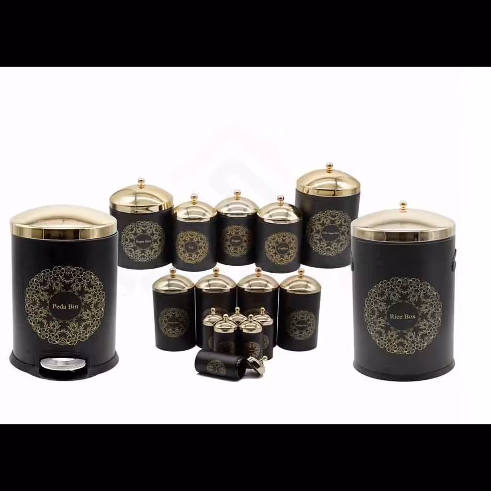 سرویس آشپزخانه هفده پارچه تمام استیل سام ست  مدل گاردنیامشکی طلایی مدل گاردنیا