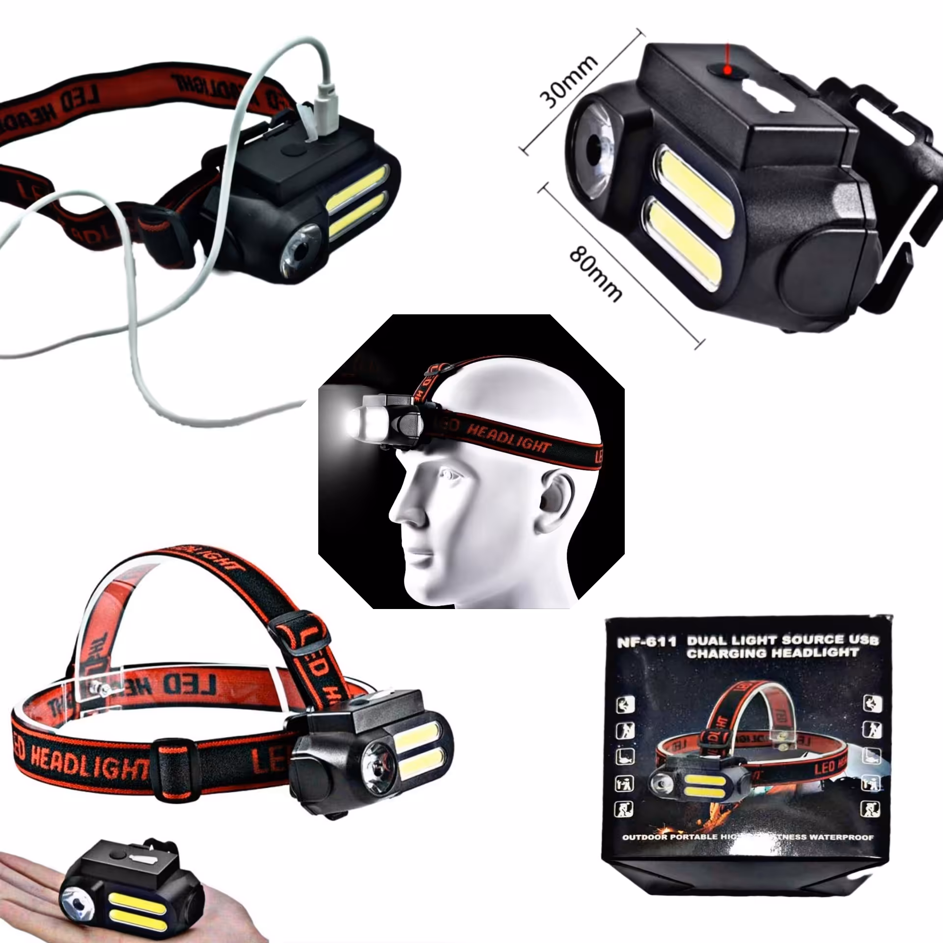 چراغ پیشانی  NF-611G هدلایت سه لامپ led و cob کوچک و سبک