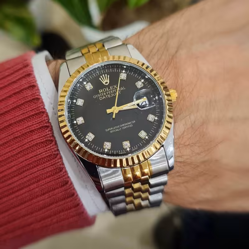 رولکس مردانه بند دورنگ صفحه مشکی تاج روی قفل