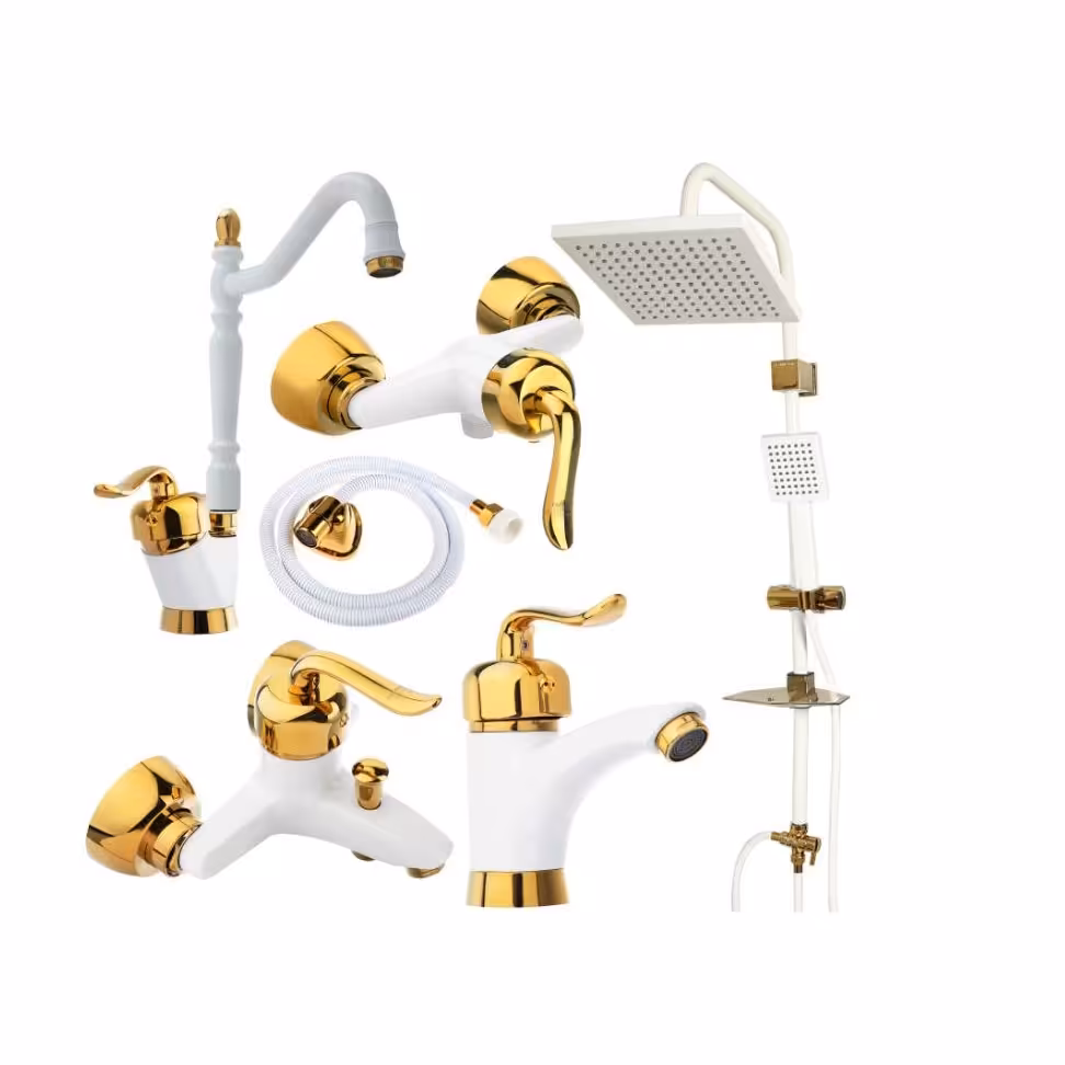 مجموعه 6 عدد شیر آلات  و دوش سفید طلایی  قاجاری