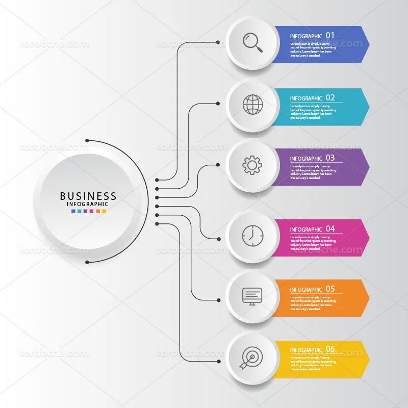وکتور اینفوگرافیک 6 مرحله ای کسب کار رنگی | گرافیک با طعم تربچه