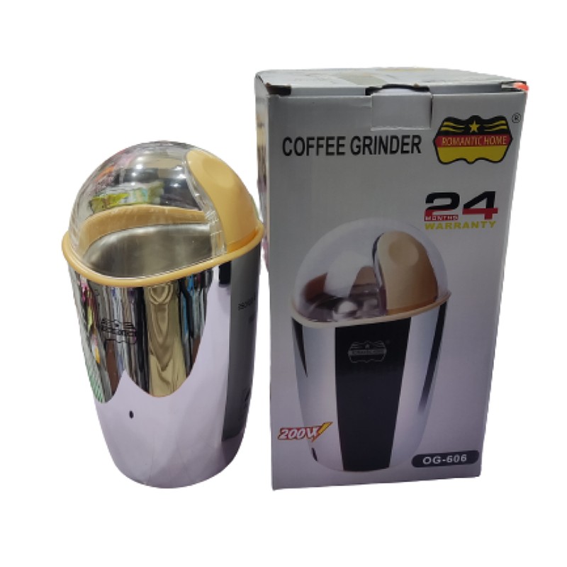 آسیاب برقی برند رمانتیک هوم مدل og-606 مناسب برای آسیاب کردن انواع ادویه و قهوه حجم کاسه 85گرم و 200 وات بدنه استیل