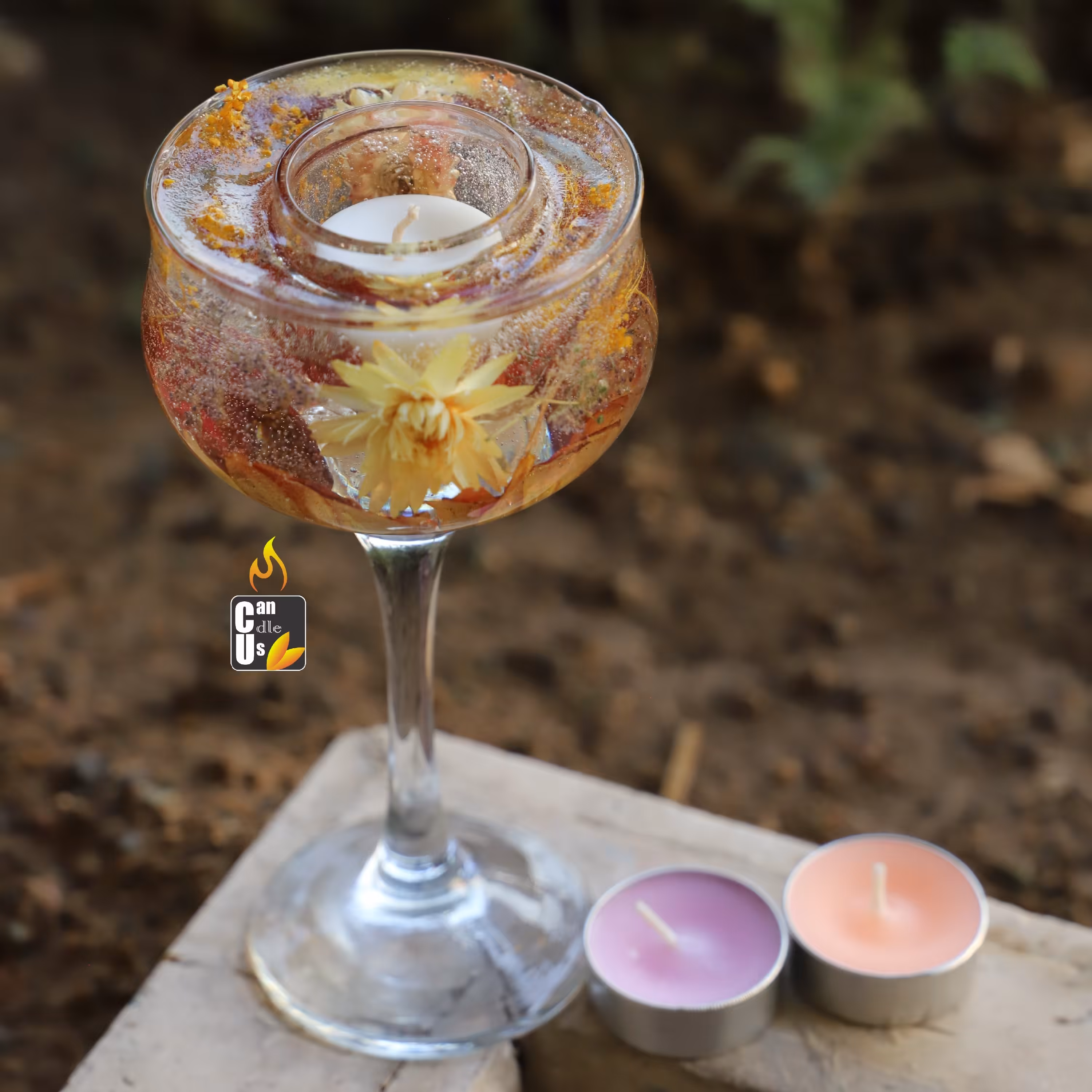 شمع جام گل (زرد)، مناسب برای سفره عقد، با گل های طبیعی، شیک و مجلسی