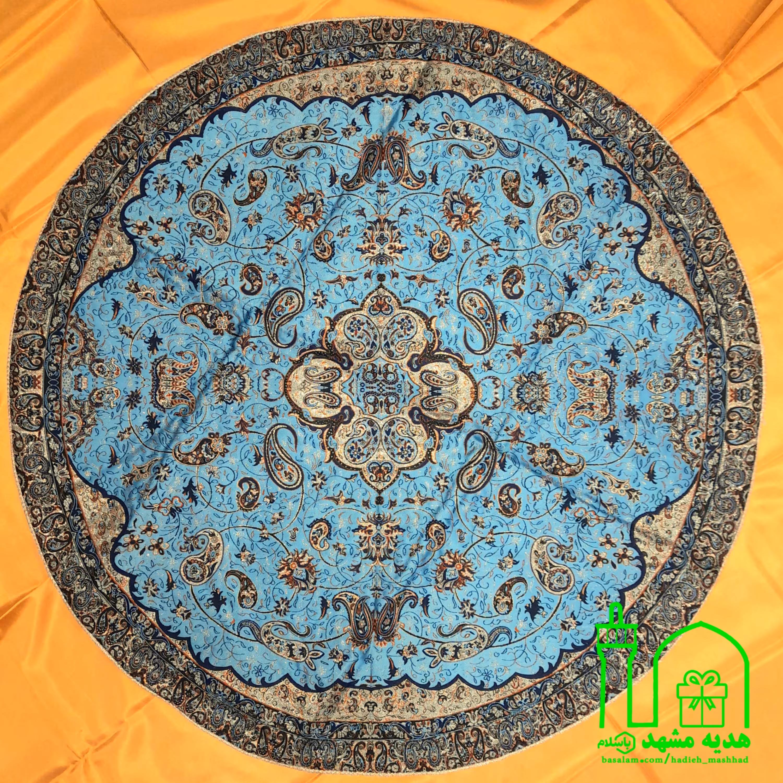رومیزی ترمه سنتی گرد خیلی بزرگ (یک متری) آبی پررنگ نقشه شاه عباسی