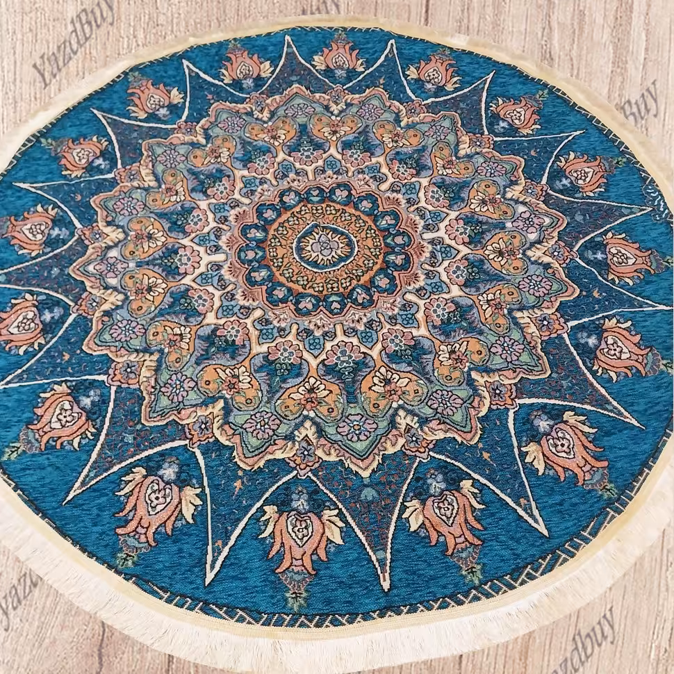 روفرشی مخمل زرکدار گرد طرح خورشیدی رنگ سبزآبی (قطر 2 متر)