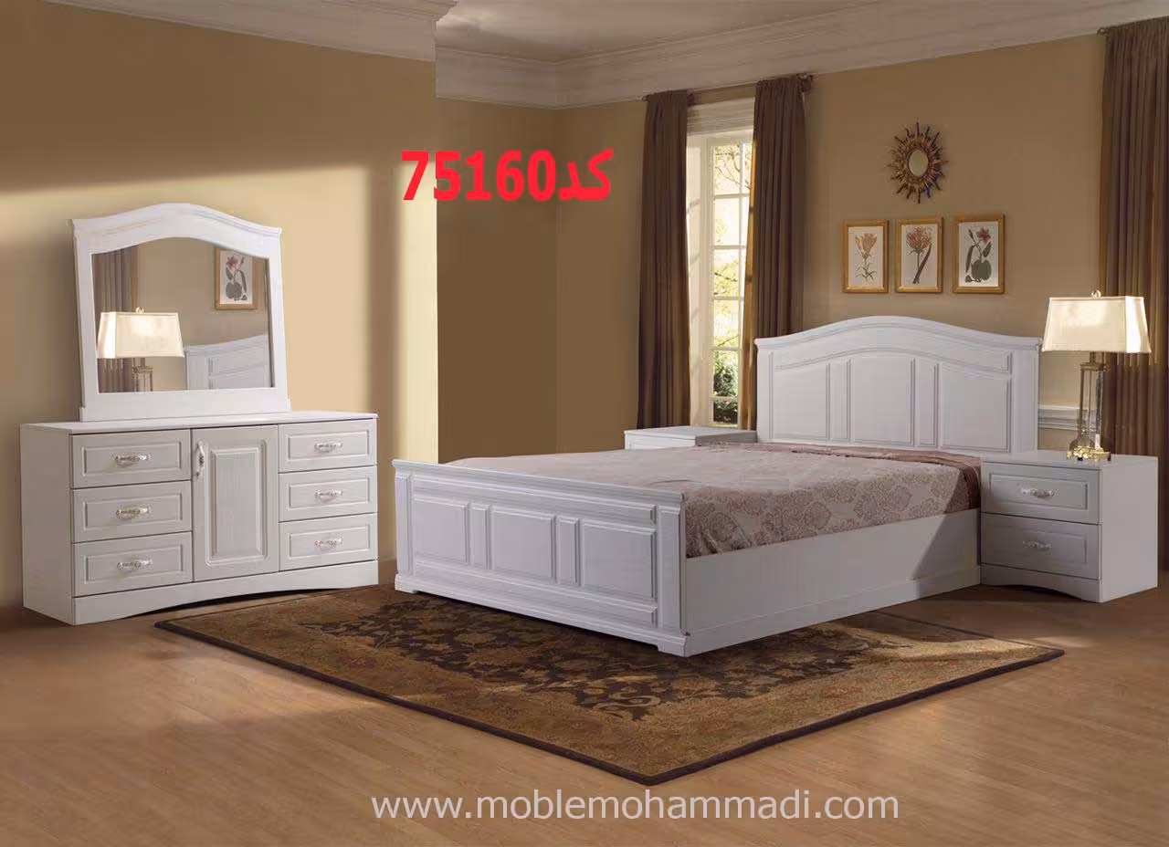 سرویس خواب ام دی اف و چوب کد75160شامل تخت/پاتختی/دراور/قاب اینه