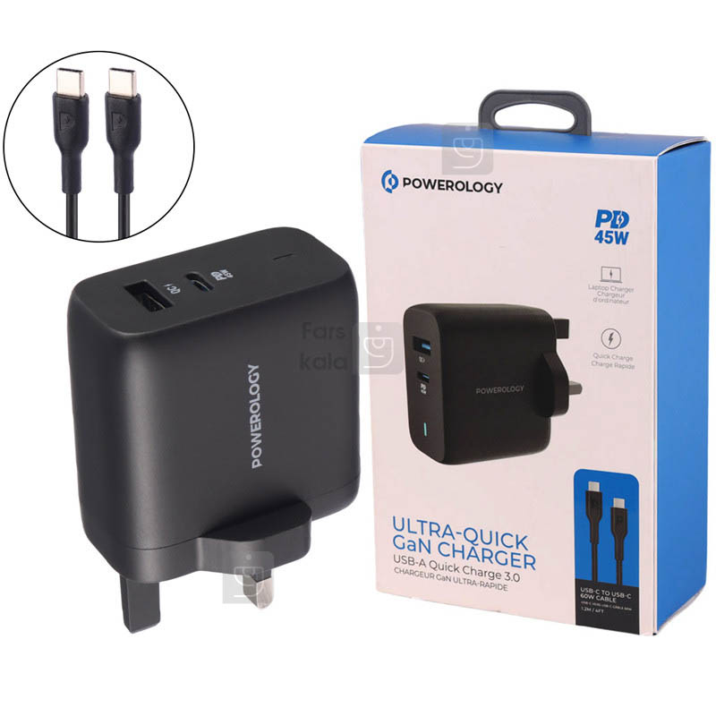 خرید شارژر 45 وات پاورولوژی مدل PWCUQC004 GaN 45W فارس کالا
