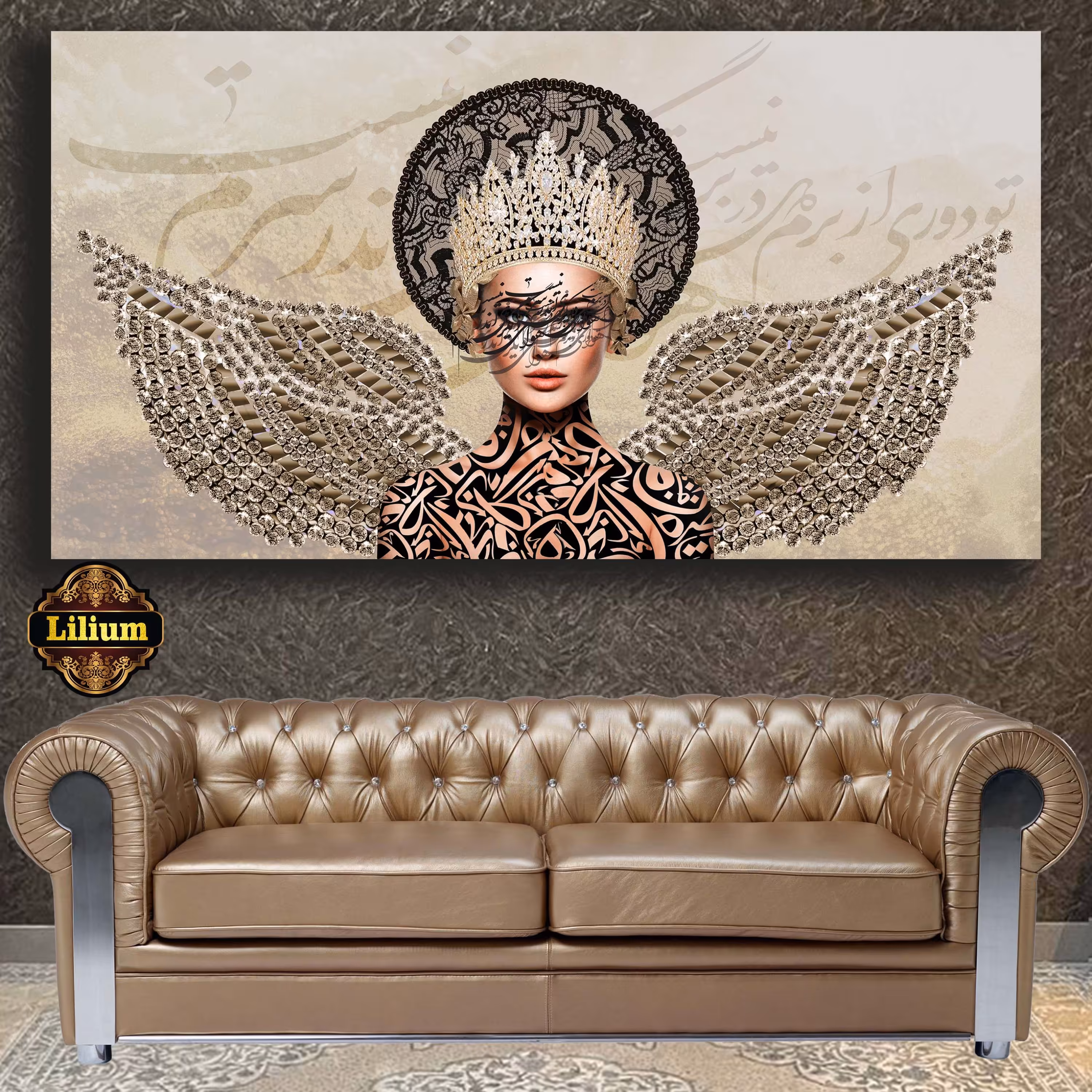 تابلو فرشته بال و تاج میکس مدیا روی بوم با نگین سایز پیشنهادی140-70 امکان قاب 