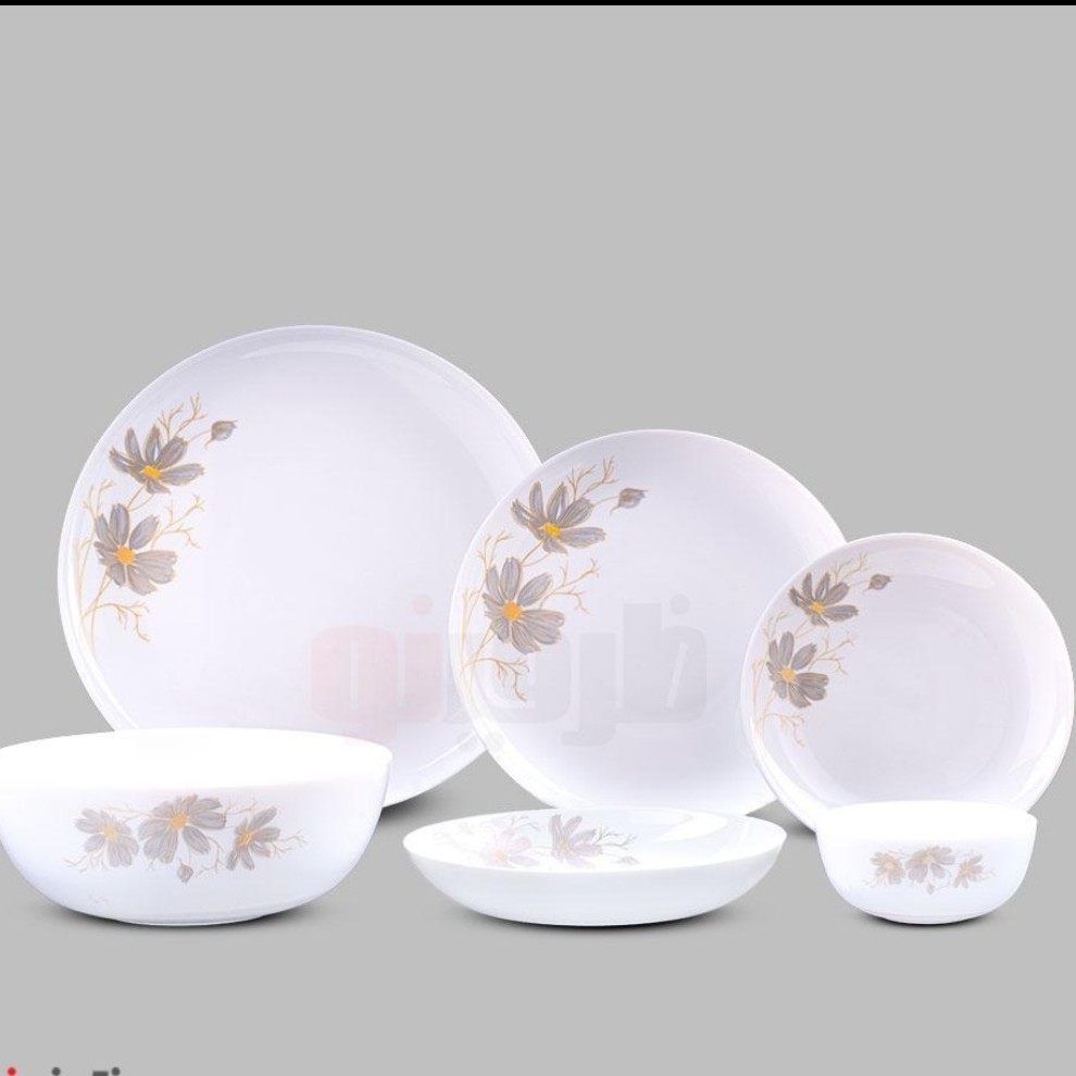 سرویس آرکوپال26 پارچه طرح شقایق در رنگ های صورتی و طوسی شرکت گلدن اپال