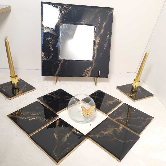 سفره هفتسین رزینی 9 تکه طرح سنگ مشکی طلایی به صرفه و اقتصادی