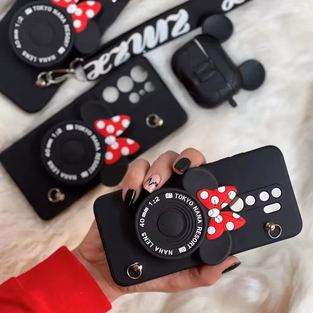 قاب گوشی موبایل میکی پاپ سوکت دوربینی به همراه بند ست بلند، سامسونگ، شیائومی و آیفون