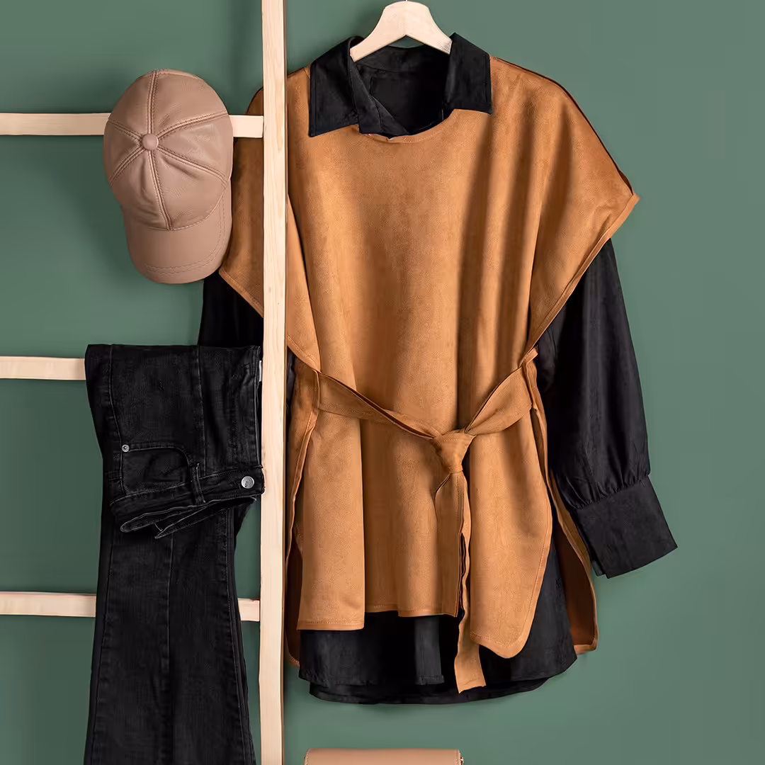 ست وست و شومیز جنس سوییت تن خور نرمال سایزبندی فری رنگبندی فقط مشکی شتری 