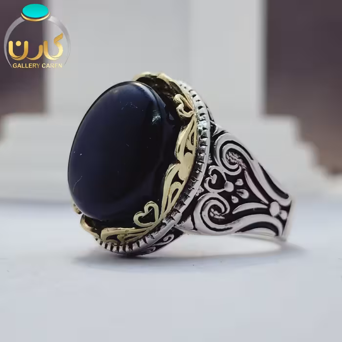 نگین عقیق جزع یمانی اصل و معدنی با رکاب نقره مردانه 