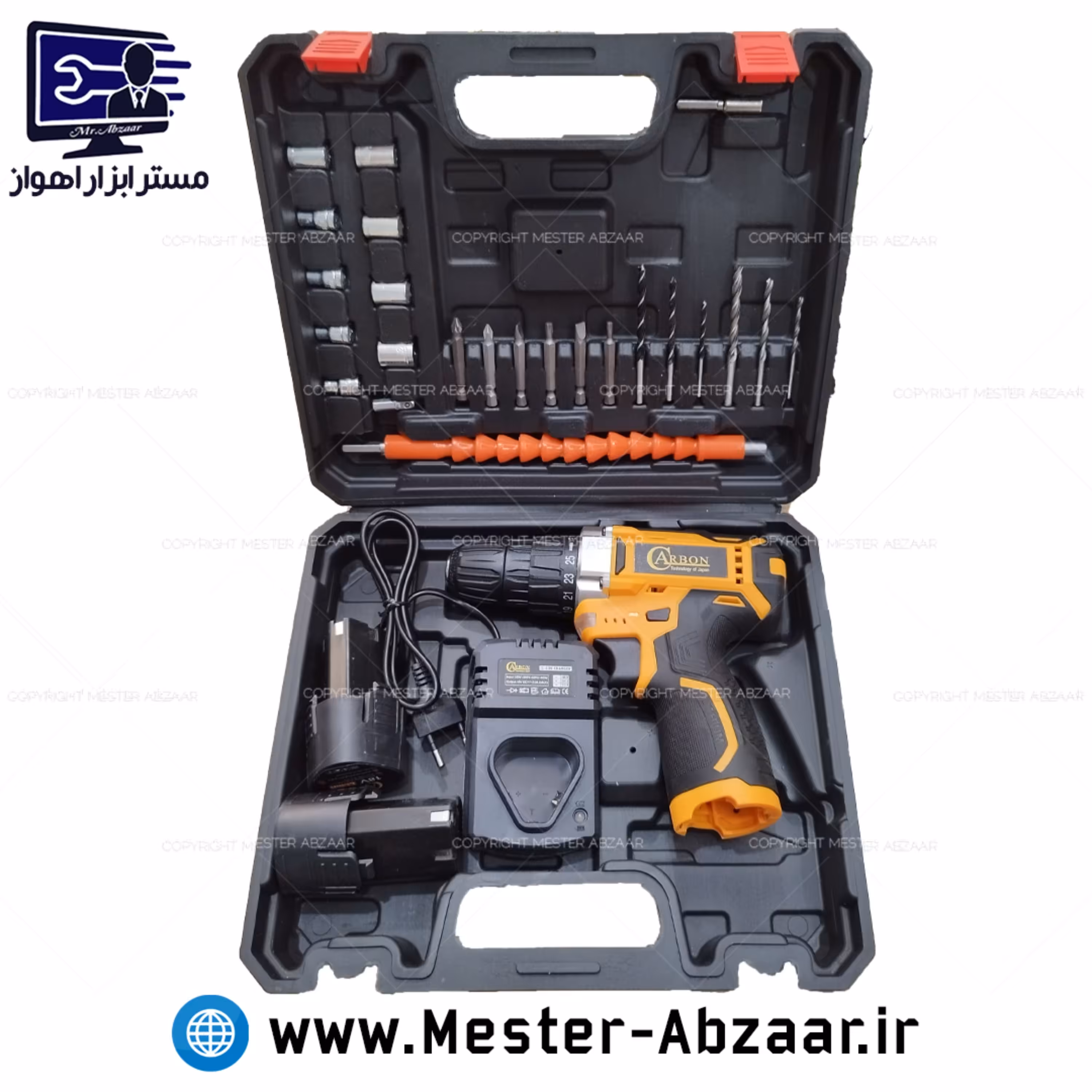 کیت دریل پیچ بند شارژی چکشی 18 ولت دو باتری کربن با لوازم مدل CB18002