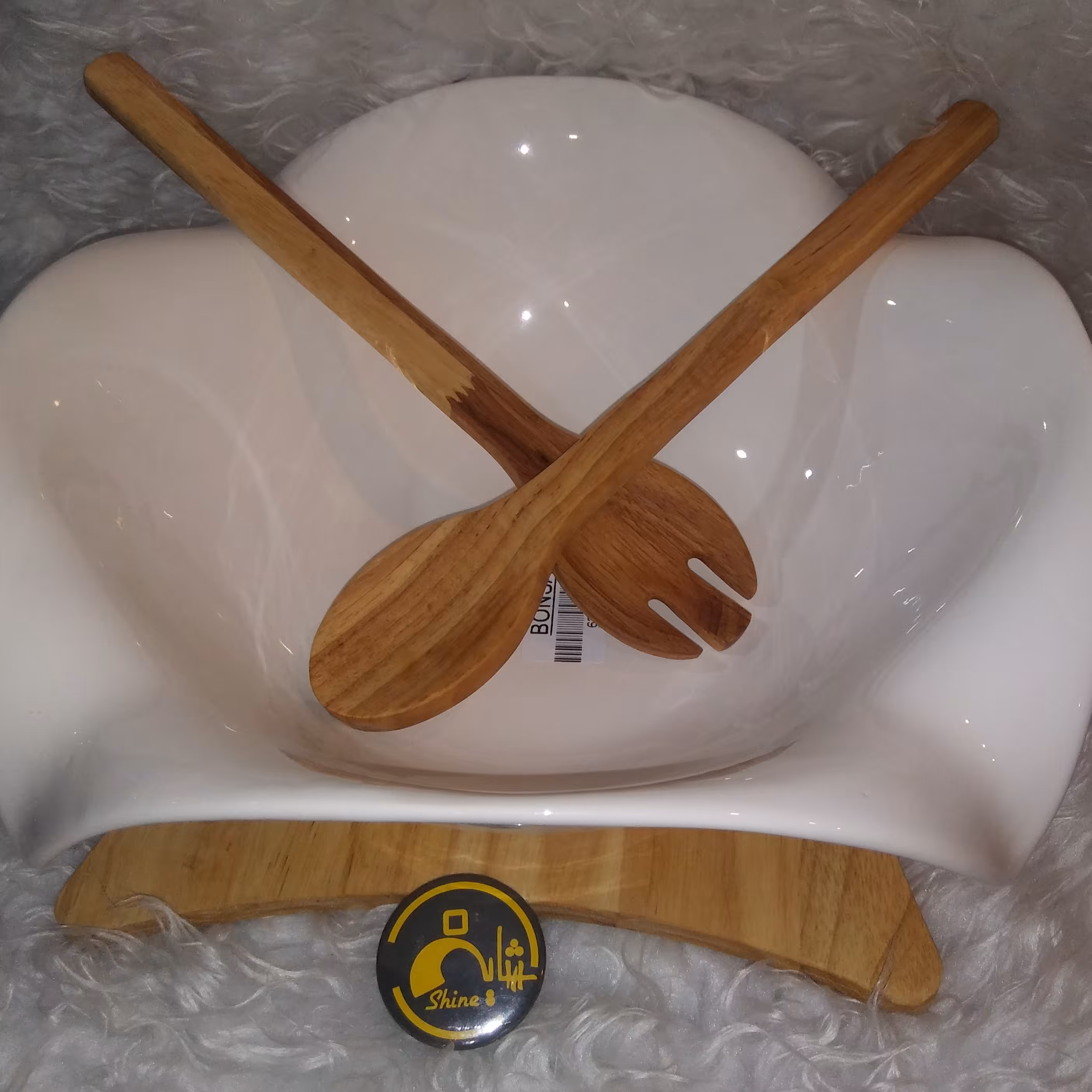 کاسه سالاد خوری با زیره بامبو و دارای دو قاشق چوبی قطر 30 س چوب زیر با کیفیت