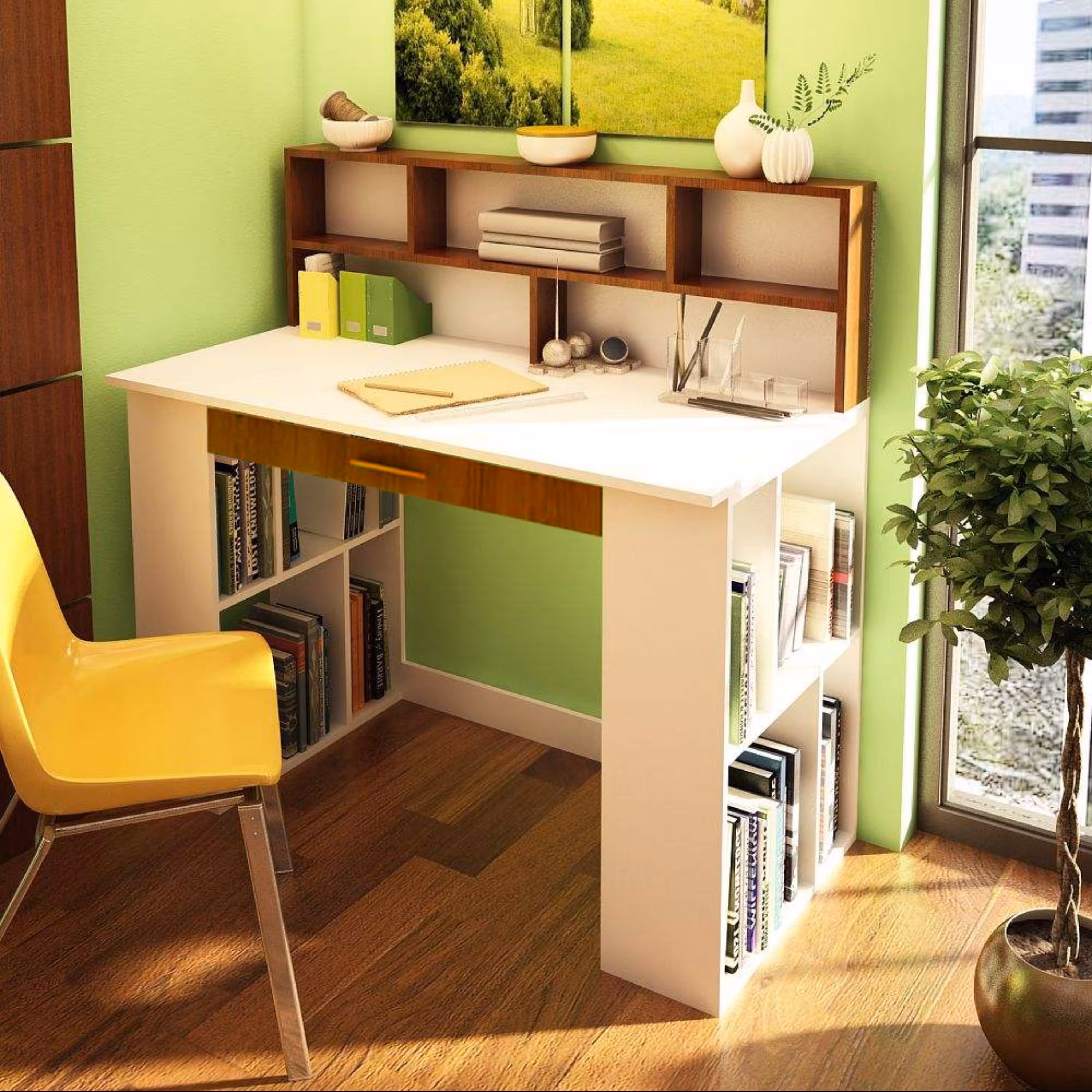 میز تحریر پُرقفسه ابرا (ثابت) - MDF - کاملا سفید