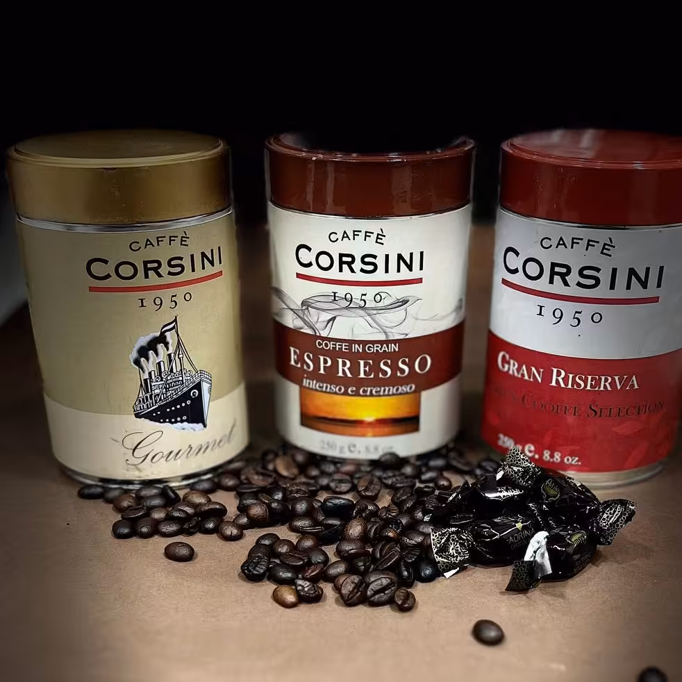 قهوه دان Corsini-کورسینی در سه لاین مختلف رست مدیوم قوطی 250 گرمی.  غیر اصل